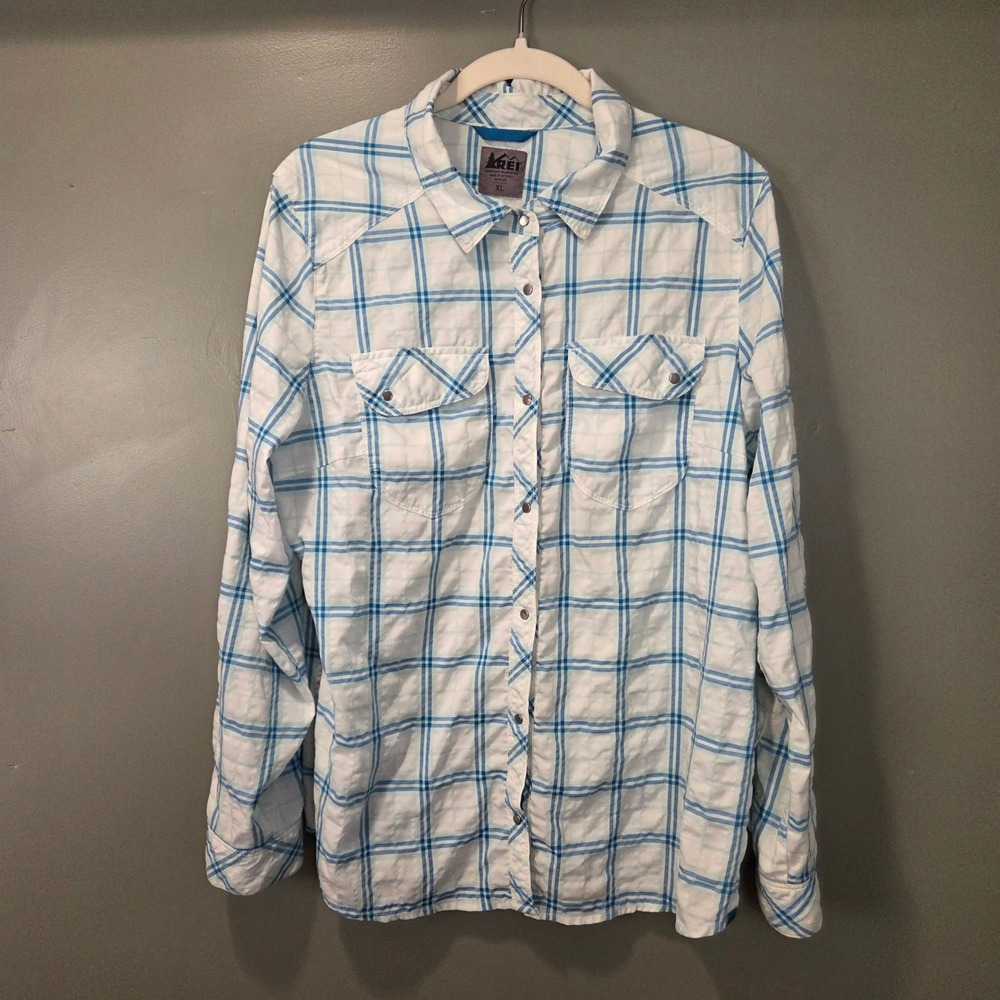 REI Women's Long Sleeve Button Up Plaid Shirt Size XL White Blue Outdoors